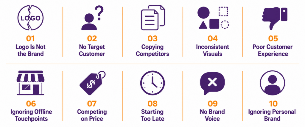 Infographic listing 10 common branding mistakes small businesses make in India, including inconsistent visuals, no target customer, and competing on price.