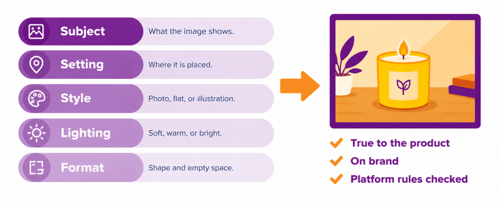  Layered infographic showing five parts of an AI image prompt: subject, setting, style, lighting, and format, leading to a finished picture and a three-point quality checklist.